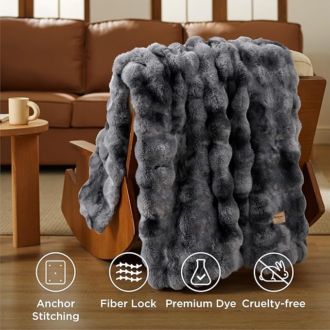 Bedsure GentleSoft Fluffy Faux Fur Throw Blanket, Fuzzy Soft Bubble Blanket for Couch, Faux Fur Decor for Home Bedroom Living Room, Thick Furry Cozy Gifts for Women, Tie-dye Grey, 50x60 Inch