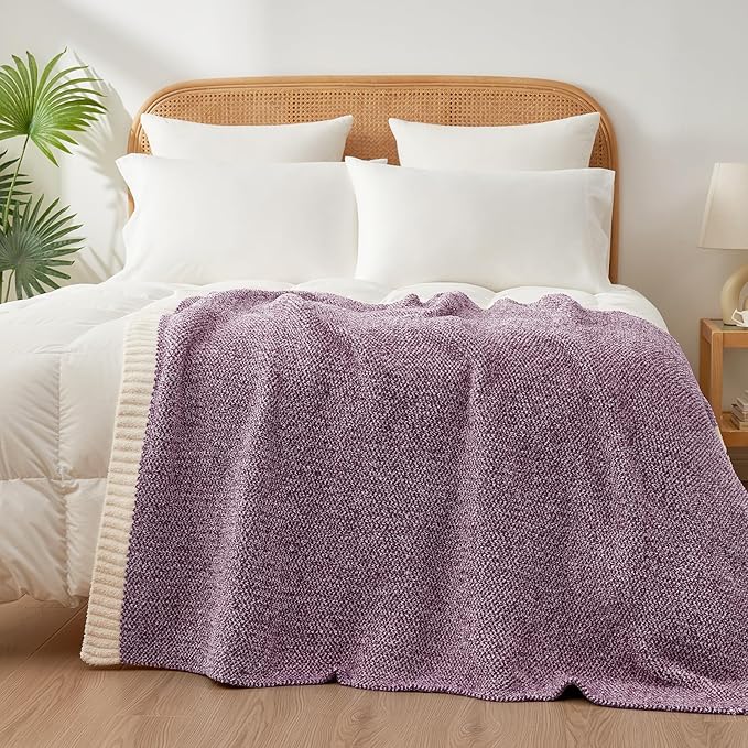 Snuggle Sac Purple Reversible Super Soft Blanket Twin Size for Bed and Sofa, Warm Cozy Knit Blankets Fuzzy Plush, Heather Purple, 60x80 inches
