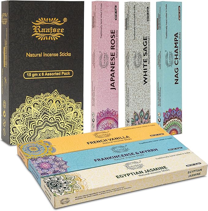 raajsee Incense Sticks 6 Pack Variety Set 15gm Each, Nag Champa- Jasmine - vanila-Japanese Rose-White Sage,100% Organic Hand Rolled- Perfect for Yoga, Meditation,Aromatherapy