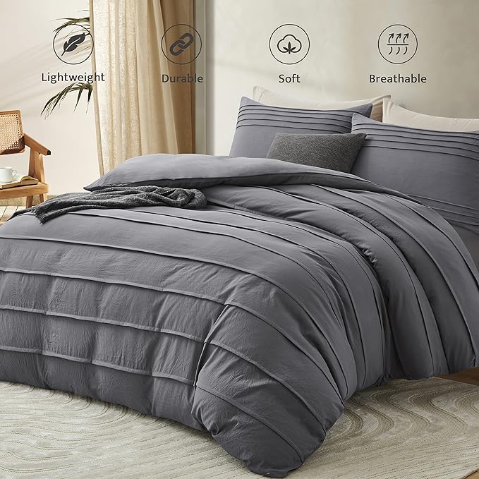 Oli Anderson Grey Duvet Cover Twin Size - Pleated Twin Duvet Cover, 2PCS Soft and Breathable Textured Bedding Set with Zipper Closure(Grey,68"x90")
