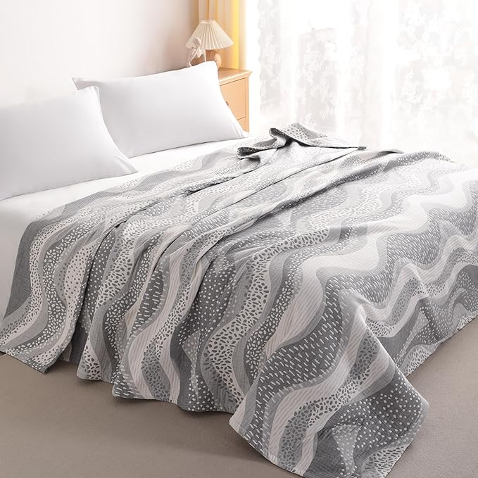 NTBAY 3 Layers Cotton Muslin 88x92 Queen Bed Blanket, Super Soft Breathable Thermal Yarn Dyed Quilt for Adults, Perfect Lightweight Blanket for Couch Sofa Bed All Seasons, Grey Wheat Waves