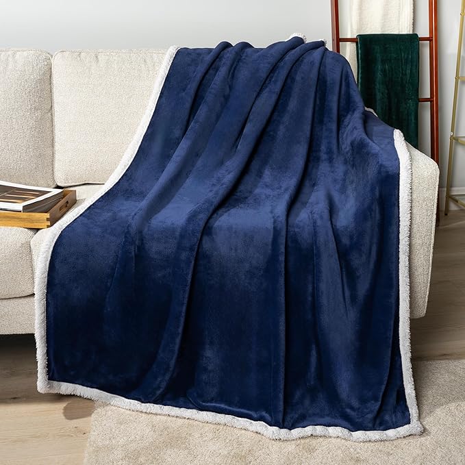 PAVILIA Sherpa Fleece Throw Blanket for Couch, Twin Size, Navy Blue, Plush Soft Fuzzy Sofa Blanket, Cozy Reversible Winter Throw for Women Men, 60x80 Inches