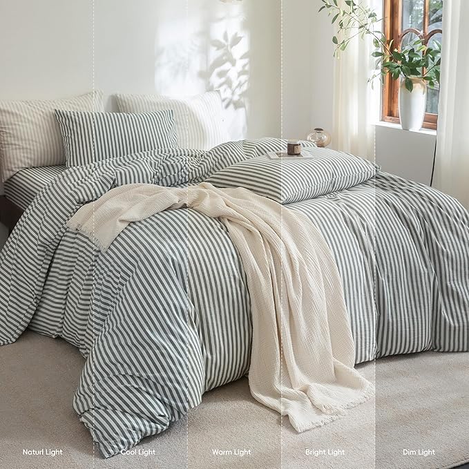 FOSSA Striped Duvet Cover Set 100% Washed Cotton Linen Feel Super Soft Breathable Cozy 3 Pieces Bedding Sets Heathered Green Classic Stripes King