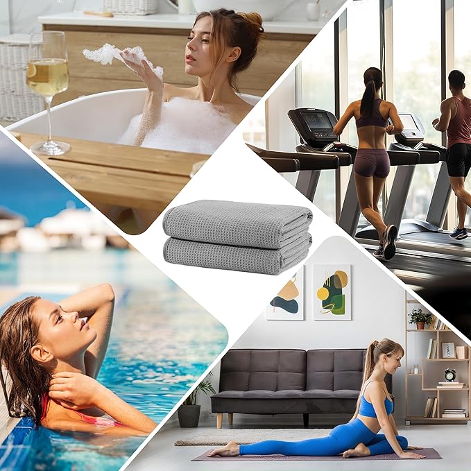 POLYTE Microfiber Oversize Quick Dry Lint Free Waffle Bath Towel for Body, 60 x 30 in, Set of 2