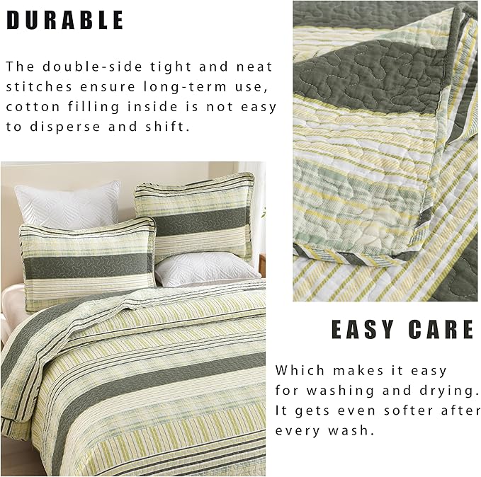 Homzard Queen Quilt - Cotton Comforter Set Queen Size, Green Yellow Striped Quilt Set,Olive Green Plaid Quilted Bedspread, Lightweight Bedding Comforter 3 Pieces All Season