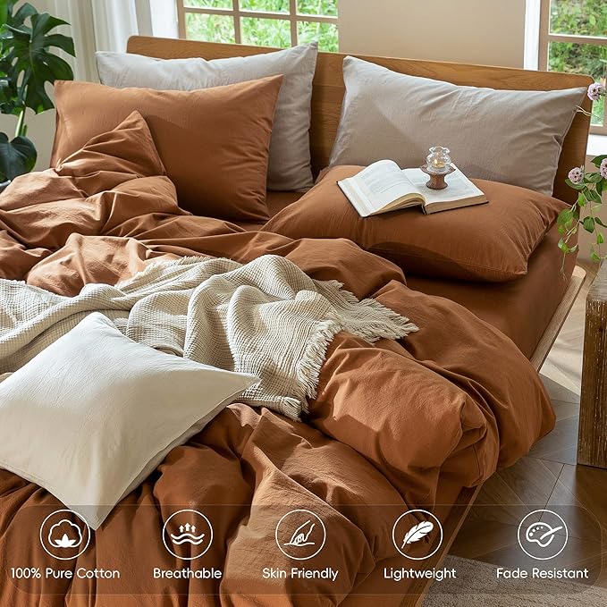 MooMee Bedding Duvet Cover Set 100% Washed Cotton Linen Like Textured Breathable Durable Soft Comfy (Solid Dark Orange, King 104"x90")