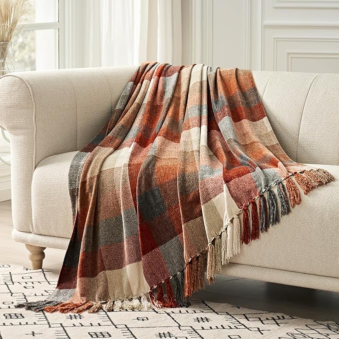 EVERGRACE Plaid Chenille Throw Blanket for Couch, Super Soft Cozy Decorative Fall Throw Blanket with Tassels for Bed Sofa Gift, Lightweight Harvest Plaid Throw Blanket for Autumn 50”x60”