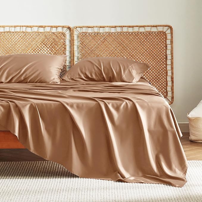 Bedsure California King Sheet Sets, Cooling Sheets for Hot Sleepers, Rayon Derived from Bamboo, Breathable & Soft, Deep Pocket Up to 16", Hotel Luxury Silky Bedding for Hot Sleepers, Khaki