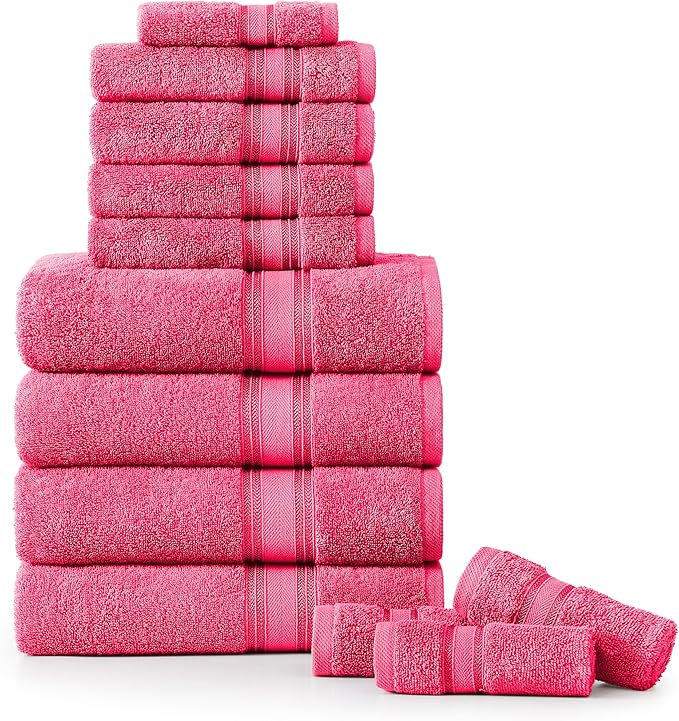 LANE LINEN 12 Pc Bath Towels Set – Ultra Soft 100% Mercerized Cotton, 4 Bath, 4 Hand Towel & 4 Wash Cloth, Zero Twist, Quick-Dry, Long-Lasting Comfort & Hotel Quality, Machine Washable – Fuchsia