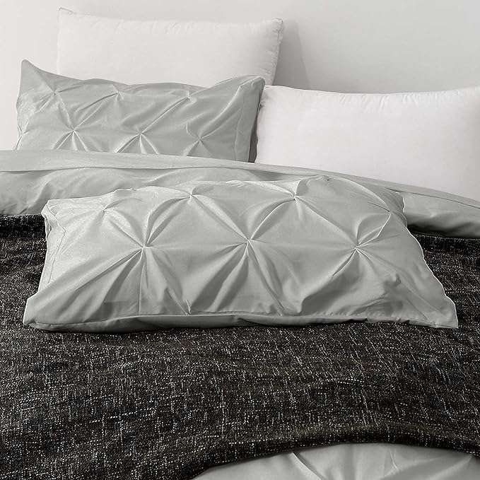 Pinch Pleated Duvet Cover Set 100% Brushed Microfiber 3PC Calking Size 98x104 Duvet Cover Set, Decorative Pinch Design Silver Grey Duvet Cover with Matching Pillow Case