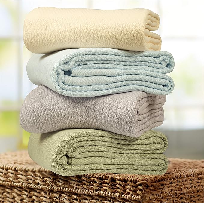 Threadmill Luxury Cotton Blankets for Queen Size Bed | All-Season 100% Cotton Queen Size Blanket | Herringbone Cozy, Soft Breathable Fall Thermal Blanket fits Full Size Bed | Tusk White