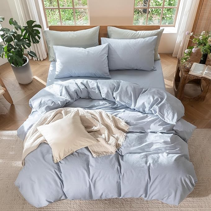 MooMee Bedding Duvet Cover Set 100% Washed Cotton Linen Like Textured Breathable Durable Soft Comfy (Heathered Cornflower Blue, Oversized King Plus 128"x120")