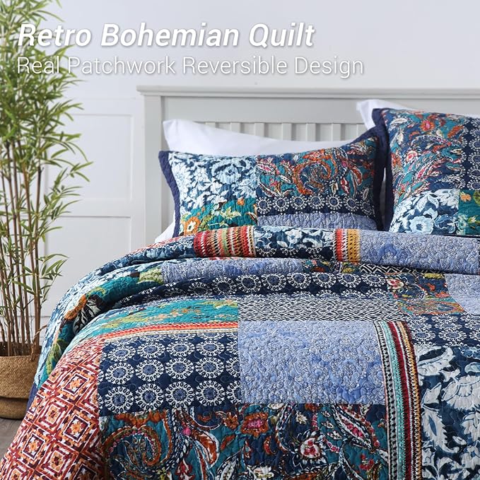 Yvooxny California King Quilt Set Reversible Lightweight Bohemian Paisley Patchwork Cotton Quilted Bedspread Coverlet Set 3-Piece Quilt Set with Pillowcases for All Seasons, 118 x 110 Inches