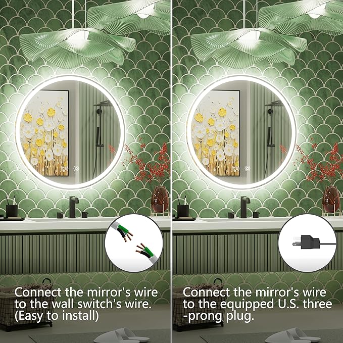 20 Inch Round LED Bathroom Mirror,Front & Backlit Lighted Bathroom Vanity Mirror, 6000K, CRI 90+, Dimmable, Touch, Anti-Fog