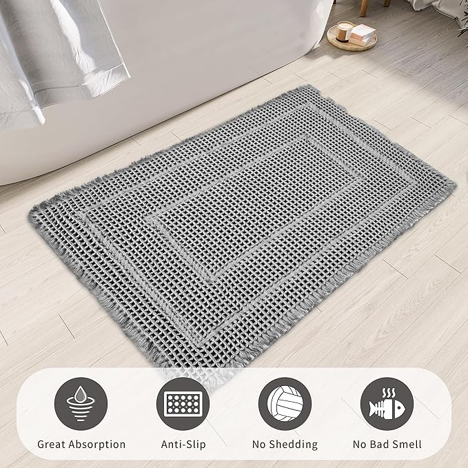 Bath Matts,Upgraded Waffle Super Absorbent Bath Mat,Bathroom Rugs Non Slip Washable, Quick Dry Shower Mats, Ultra Soft Bath Mats for Bath Floor,Grey,24"*36"