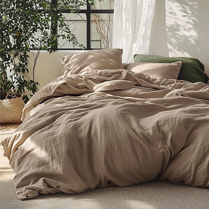 Bedsure Linen Duvet Cover Queen - Linen Cotton Blend Bedding Set, Soft & Cozy, 3 Pieces, 1 Duvet Cover 90x90 Inches and 2 Pillowcases, Brown Color Cooling Bedding, Comforter Sold Separately