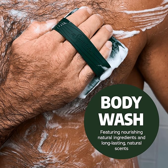 Dr. Squatch NEW Body Wash for Men with Nourishing, Natural Ingredients | No Paraben, Phthalate, Sulfate | Wood Barrel Bourbon (14 oz), Coconut Castaway & Pine Tar (8 oz, 2-Pack) & Body Scrubber