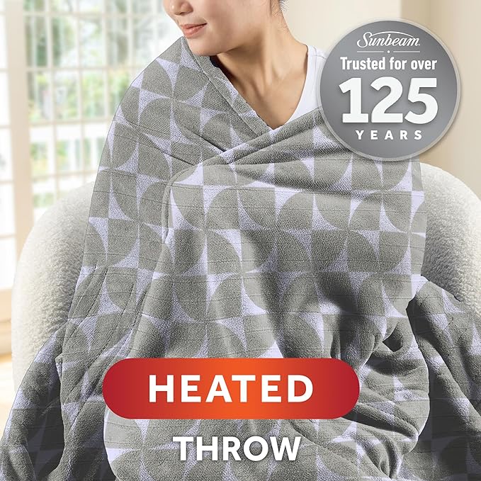 Sunbeam Royal Luxe Microplush Heated Throw Electric Blanket, 50" x 60", 4-Hour Auto Shut-Off,Fast Heating, Machine Washable, Warm and Cozy, Grey Geometric