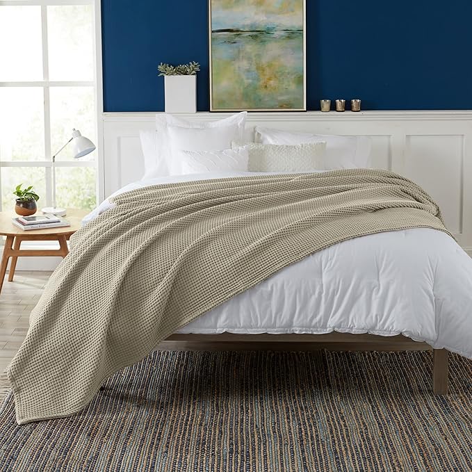 100% Cotton Waffle Weave Bed Blanket | Soft, Breathable, and Lightweight Blanket for All-Season | Perfect for Layering | Brielle Collection (Full/Queen, Linen)