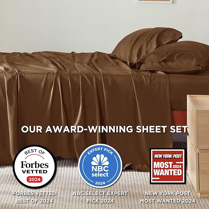 Bedsure Queen Sheet Set, Rayon Derived from Bamboo, Cooling Sheets, Breathable & Soft, Deep Pocket Up to 16 Inches, Hotel Luxury Silky Bedding for Hot Sleepers, Brown