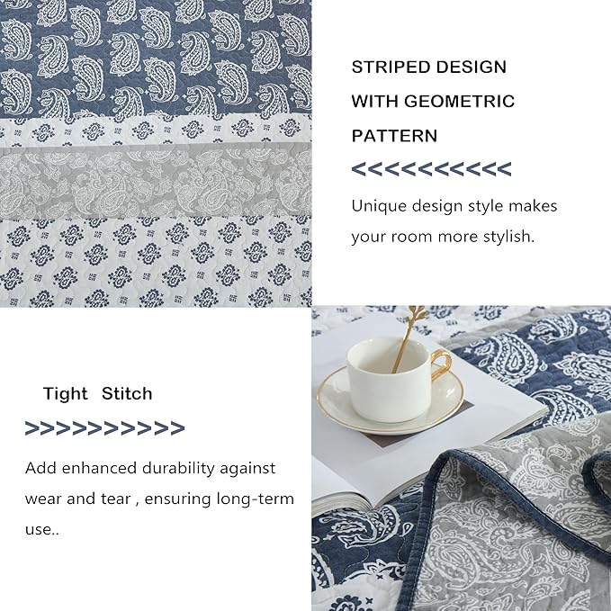 Quilt King Size, Cotton Comforter King Size,Navy Grey White Bedding Set, Farmhouse Striped Bedspread, Luxury Bed Set Bedroom for All Seasons 3 Piece