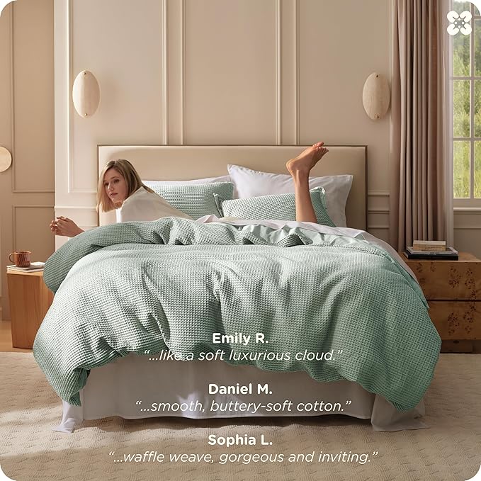 Bedsure Cotton Duvet Cover King - 100% Cotton Waffle Weave Sage Green Duvet Cover King Size, GentleSoft™ and Breathable Bedding Set for All Season, 3 Pieces, 104"x90"