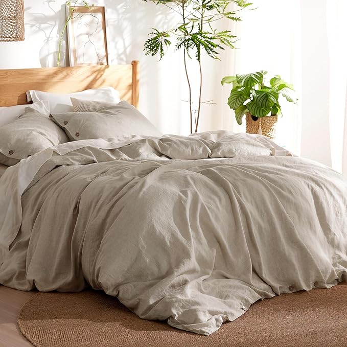 Bedsure Linen Duvet Cover Queen Size - Linen Cotton Blend Bedding Set, Soft & Cozy, 3 Pieces, 1 Duvet Cover 90x90 Inches and 2 Pillowcases, Natural Color Cooling Bedding, Comforter Sold Separately