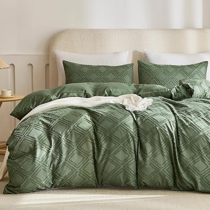 JELLYMONI Duvet Cover Queen Size Green - 3PCS Boho Duvet Cover Set Plaid Polyester Tufted Bohemian Jacquard Knit Textured Comforter Cover 90×90in Rhombic Geometric Pattern Zipper Corner Tie