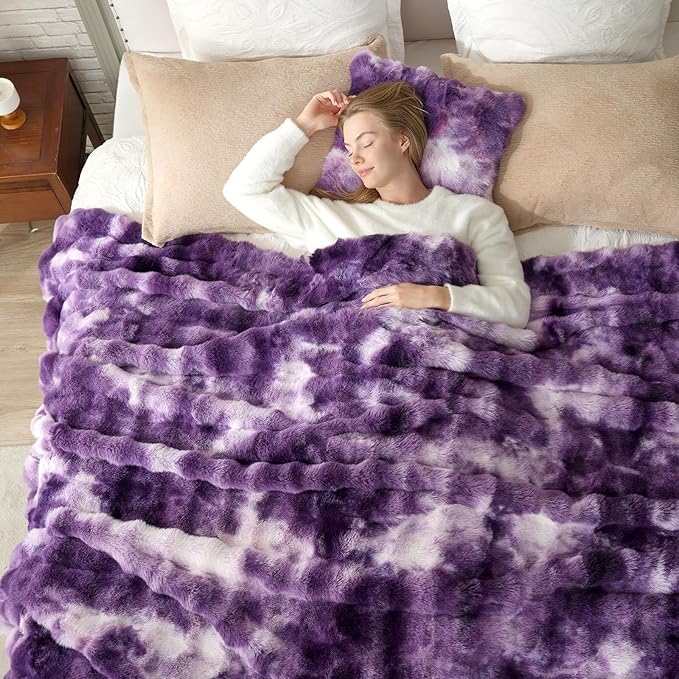 Cozy Bliss Faux Fur Throw Blanket for Couch, Bubble Plush Blanket Queen Size, Fuzzy Soft & Thick Blanket for Bed Sofa Living Room, 90x90 Inches Tie-dye Purple