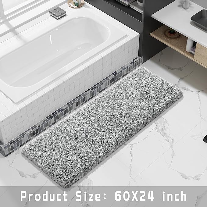 Yimobra Fluffy Plush Bath Rug, Super Shaggy Soft Comfortable Non Slip, Water Absorbent Microfiber Bath Mat, Dries Quickly, Machine Washable Thick Bathroom Rugs for Shower, 60"x 24", Pure Gray