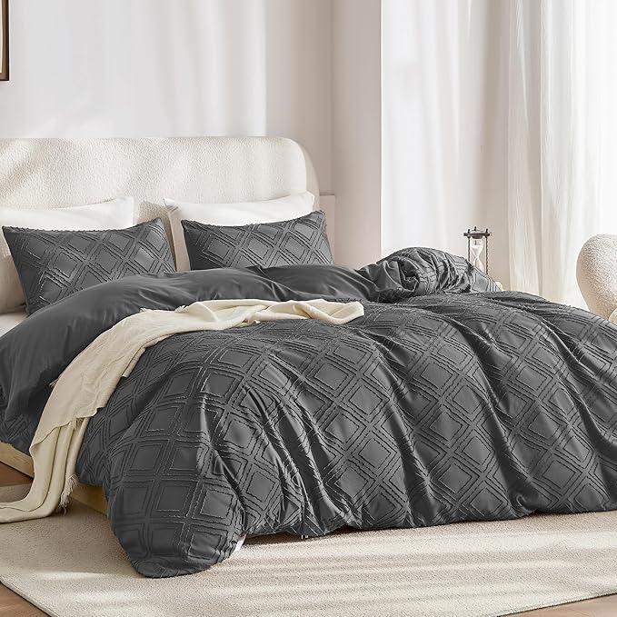 JELLYMONI Duvet Cover King Size Dark Grey - 3PCS Boho Duvet Cover Set Plaid Polyester Tufted Bohemian Jacquard Knit Textured Comforter Cover 104×90in Rhombic Geometric Pattern Zipper Corner Tie