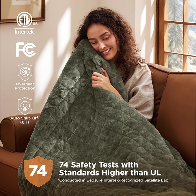 Bedsure Electric Blanket Queen Size - Dual Control Heated Weighted Blanket Queen with 10 Heat Settings, Fast Heating with 10 Time Settings (84x90 inches, Olive Green)