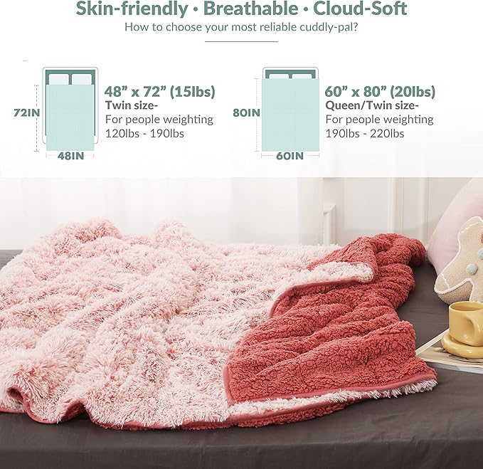 Wemore Shaggy Long Fur Faux Fur Weighted Blanket, Cozy and Plush Sherpa Long Hair Blanket for Adult 15lbs, Fluffy Fuzzy Sherpa Reverse Heavy Blanket for Bed, Couch, Backprint Pink, 60 x 80 Inches