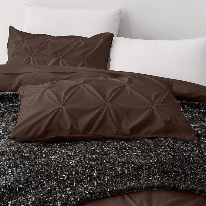 Pinch Pleated Duvet Cover Set 100% Cotton 3PC Super King Size 98x108 Duvet Cover Set, Decorative Pinch Design Brown Duvet Cover with Matching Pillow Case