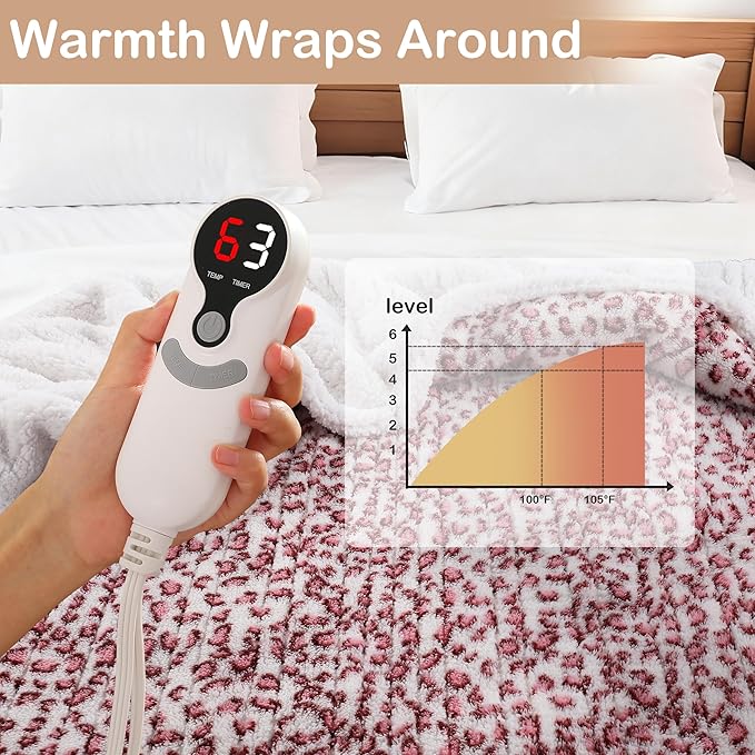 Electric Heated Blanket Full Size 72×84, 10H Auto Off & 6 Heating Settings Fluffy Ultra Soft Warmth Lightweight Cozy Plush Sherpa Machine Washable, Fast Heating, Home Office Leopard Print Pink & White