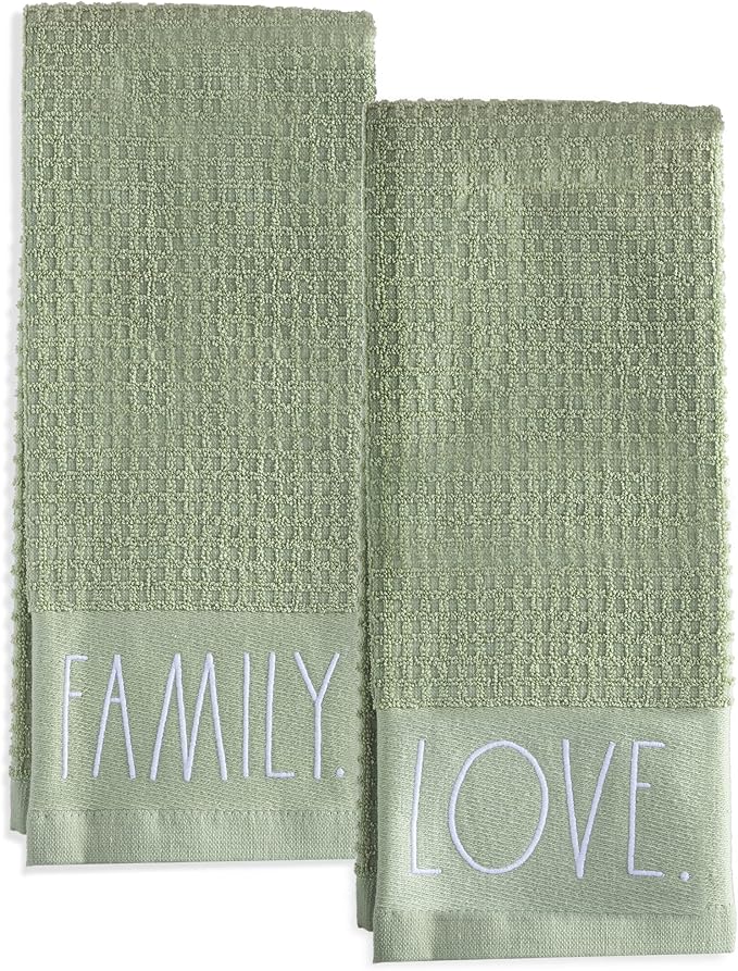 Rae Dunn Set of Hand Towels for Kitchen and Bathroom, 100% Cotton, Embroidered Dish Towels, Decorative Hand Towels, Sage- Love/Family, 2 Pack
