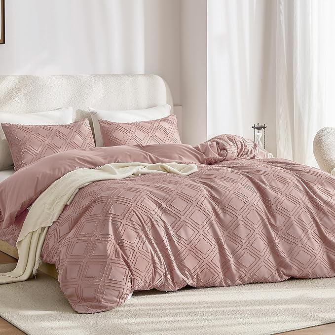JELLYMONI Duvet Cover Twin Size Smokey Pink - 3PCS Boho Duvet Cover Set Plaid Polyester Tufted Bohemian Jacquard Knit Textured Comforter Cover 68×90in Rhombic Geometric Pattern Corner Ties & Zipper