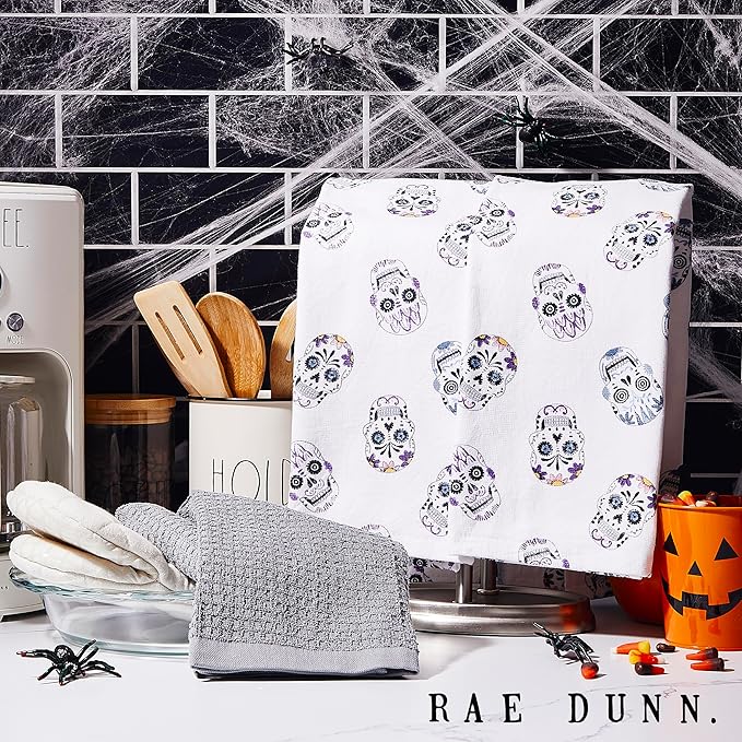 Rae Dunn Set of Hand Towels for Kitchen and Bathroom, 100% Cotton, Embroidered Dish Towels, Decorative Hand Towels, Skulls/Gray, 3 Pack