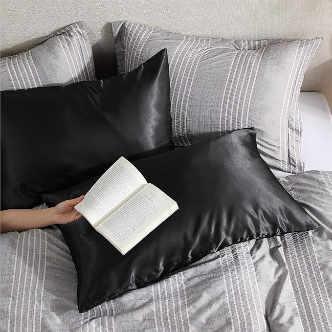 Bedsure Satin Pillowcase with Zipper, Similar to Silk Pillow Cases 2 Pack, Satin Pillow Cases Queen Size Set of 2, Silky & Soft Black Pillow Covers for Hair and Skin, Gifts for Women Men, 20x30 Inches