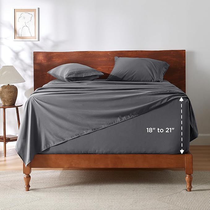 Bedsure Deep Pocket Queen Sheets Set - Fits Mattresses Up to 21 Inches Thick - 4 Piece GentleSoft Bed Sheets, Moisture Wicking, Soft & Cooling Bedsheet & Pillowcases, Easy & Secure Fit, Dark Grey
