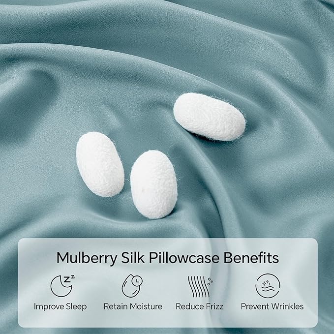 INFIIXSO Mulberry Silk Pillowcase for Hair and Skin, Silk Pillow Cases Queen Size Set of 2 with Hidden Zipper 20x30 Inches, Smooth and Soft Cooling Pillow Cases for Hot Sleepers(Haze Blue, 2 Pack)