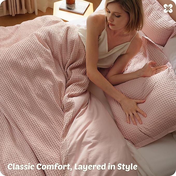 Bedsure Cotton Duvet Cover Queen - 100% Cotton Waffle Weave Pink Duvet Cover Queen Size, GentleSoft™ and Breathable Bedding Set for All Season, 3 Pieces, 90"x90"