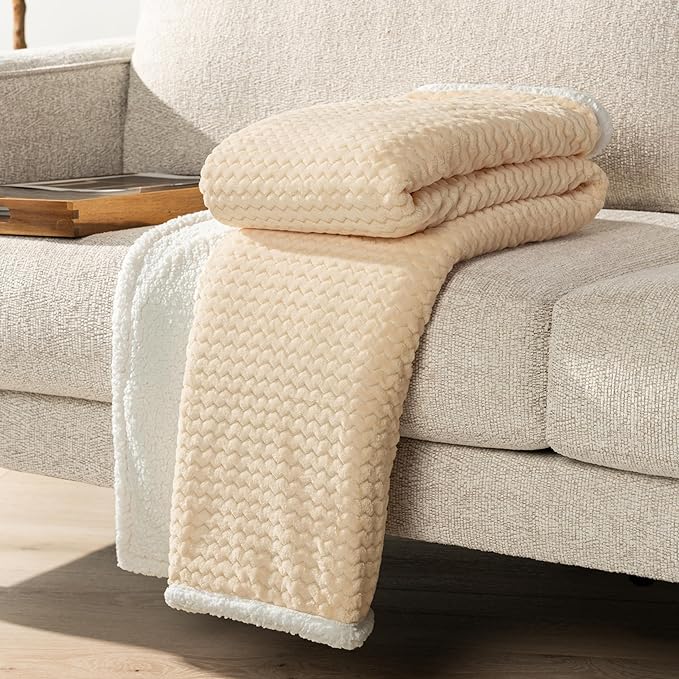 PAVILIA Cream Twin Bed Blanket Reversible Sherpa Chevron, Soft Cozy Jacquard Weave Textured Throw Sofa Couch, Thick Warm Large Fleece Car Blanket, Decorative Plush Home Decor Gift, 60x80 Ivory Beige