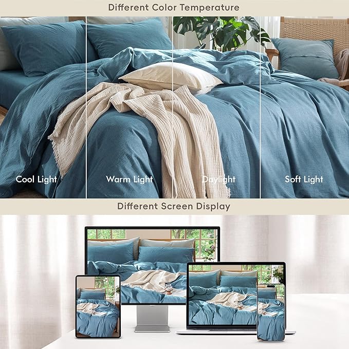 MooMee Bedding Duvet Cover Set 100% Washed Cotton Linen Like Textured Breathable Durable Soft Comfy (Heathered Peacock Blue, Oversized Queen 98"x98")