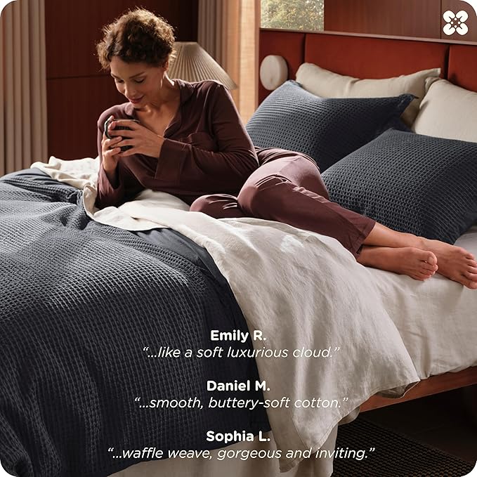 Bedsure Cotton Duvet Cover Set - 100% Cotton Waffle Weave Charcoal Duvet Cover Oversized Queen Size, GentleSoft™ and Breathable Bedding Set for All Season, 3 Pieces, 98"x98"