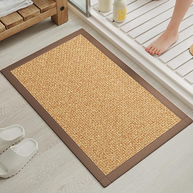 Quick Dry Absorbent Bathroom Rugs Mat Non Slip Bath Mat Ultra Thin Bath Mats Bathroom Mat Floor Rubber Backed Fit Under Door Woven Washable Bath Rugs Brown 16x24