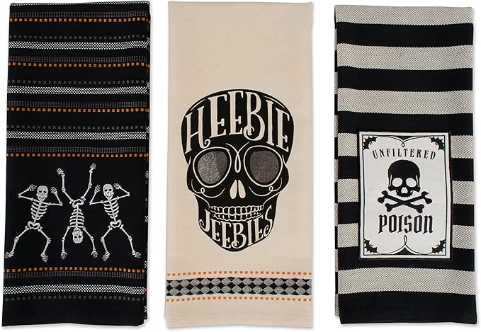 DII Happy Halloween Dishtowel Collection Embellished Cotton Kitchen Hand Towel Set, 18x28, Skeleton, 3 Count