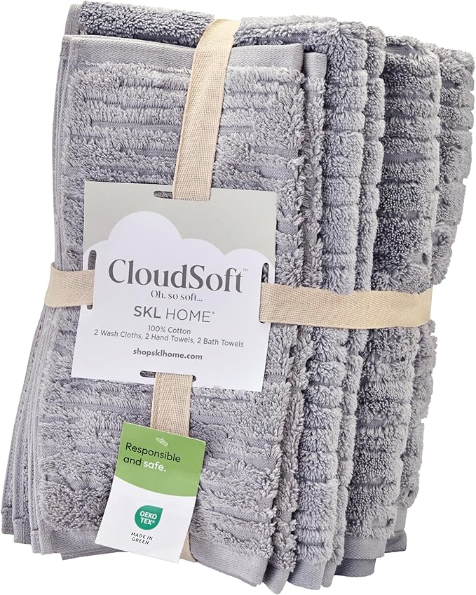 SKL Home CloudSoft Cotton Luxury 6 Pc Towel Set for Bath & Gift, Gray