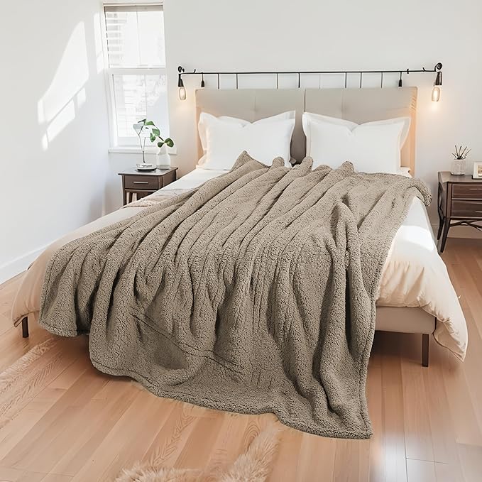 Electric Heated Blanket 6 Heating Settings & 1-10H Auto Off Twin 62×84 Double Sided Plush Sherpa Ultra-Soft Warm Thick, Machine Washable, Fast Heating, Home Office Brown