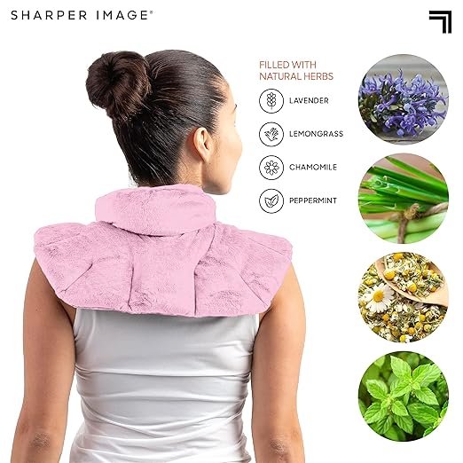 Sharper Image Heated Neck & Shoulder Wrap - Microwavable Warm & Cooling Plush Pad, Scented Aromatherapy (100% Natural Lavender & Herb Spa Blend), Pain Tension Headache Relief Therapy, Gift for Women
